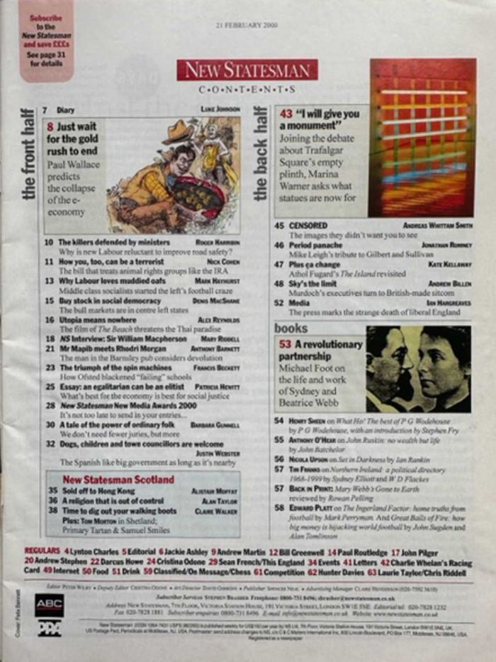 Contents Page of New Statesman Published 21 February 2000