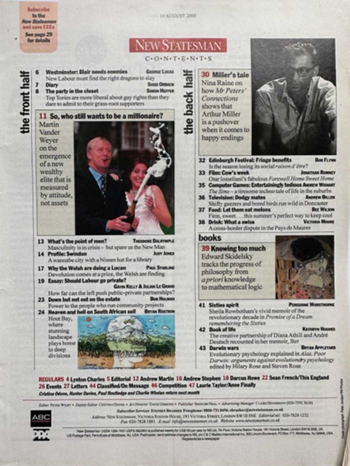 Contents Page of New Statesman Published 14 August 2000