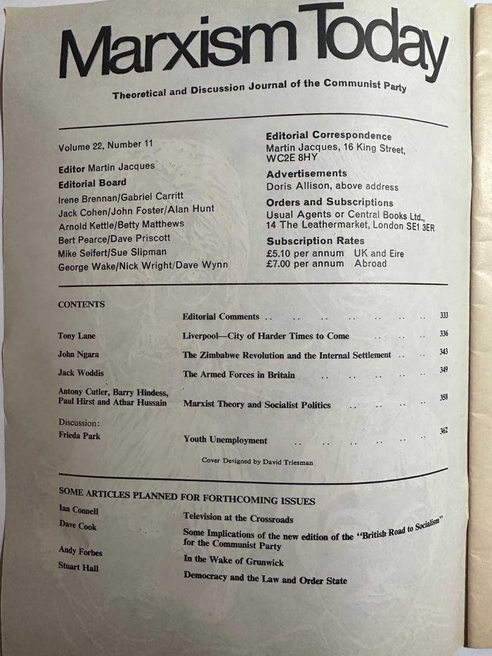 Contents Page of Marxism Today 1978 Vol 22 Iss 11